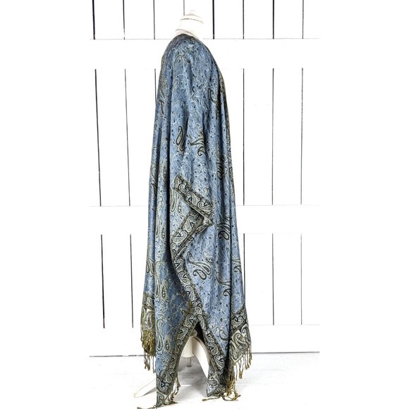MAXI Grey blue paisley pashmina kimono cover up cardigan jacket - Picture 4 of 7